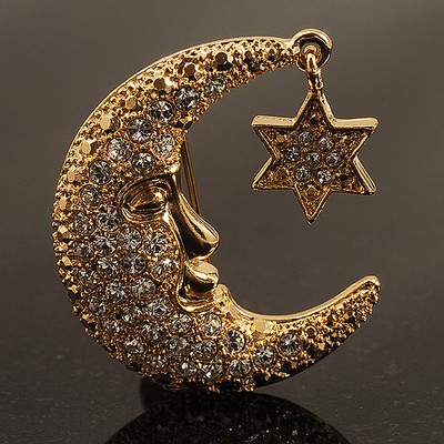 Modische Brosche Kristall Mond und Stern (goldfarben)
