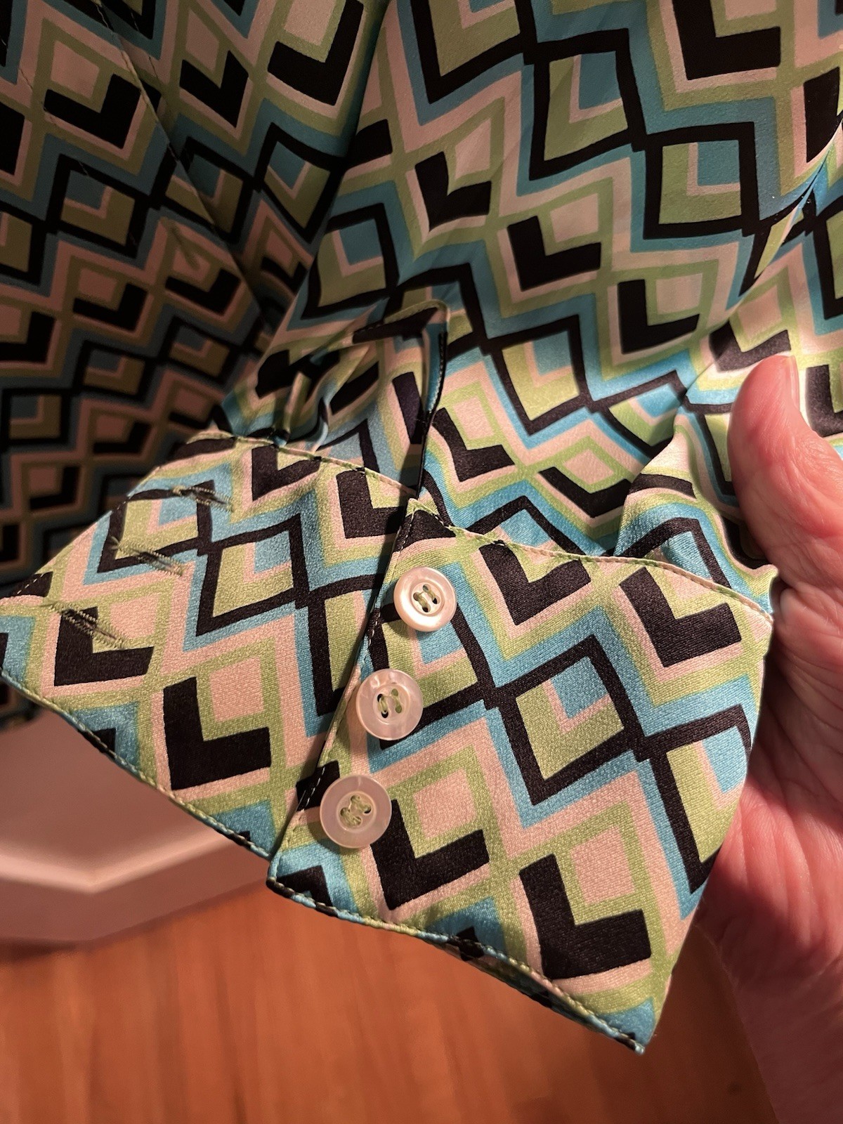 Escada Silk Button Blouse Geometric Pattern  Gree… - image 3