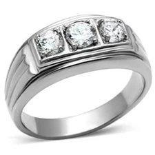 Three Clear CZ Stone style TK316 Stainless Steel Never Tarnish Mens Wedding Ring