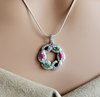 Sterling Silver Wreath Pendant w/ 0.8 CTW Diamonds, Ruby, Sapphire & Emerald