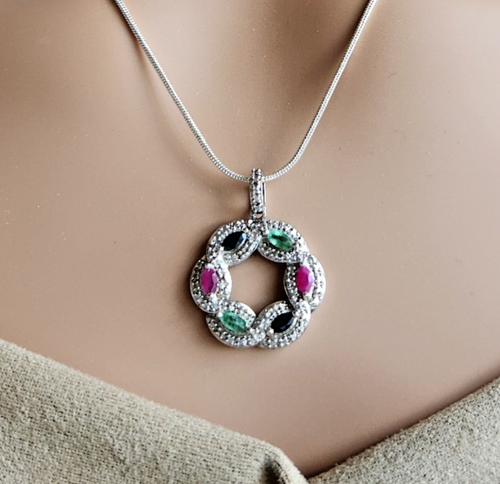 Sterling Silver Wreath Pendant w/ 0.8 CTW Diamonds, Ruby, Sapphire & Emerald