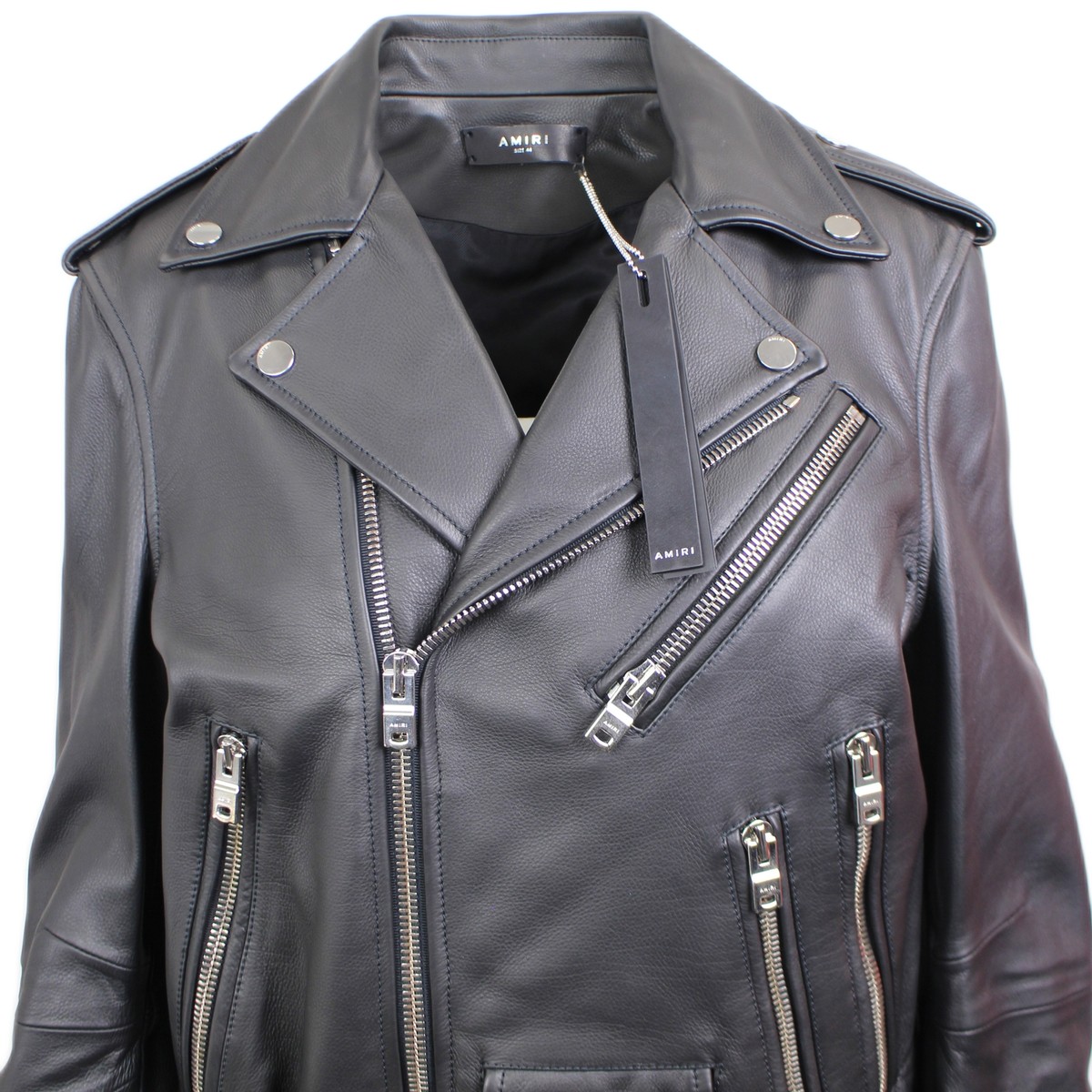 NWT Amiri PERFECTO WITH PAINT EMBROIDERY Black Leather