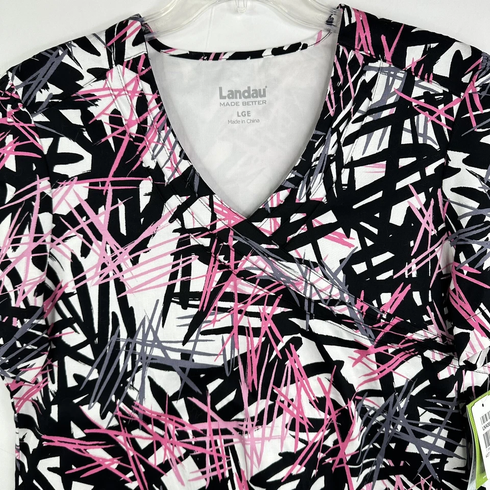 Landau Womens Scrub Top Sz L Abstract Pattern Pink Black Gray White Cotton Blend - Image 2 of 4