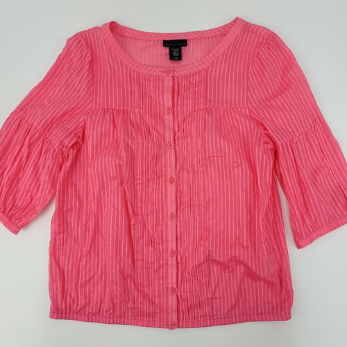 Apostrophe Womens Large Pink Pleated Ruffles Stripes Cotton Button Front Blouse - Picture 2 of 7