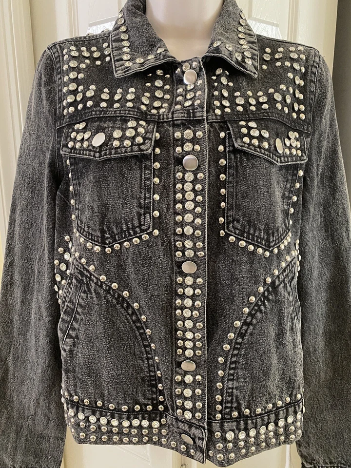 Chaqueta Aqua Jean Pequeña Estrás Remaches Negro Denim Para Mujer’s Foto 4 de 4
