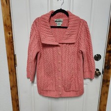 Aran Crafts Ireland Womens Medium Merino Wool Cable Button Cardigan Sweater Pink