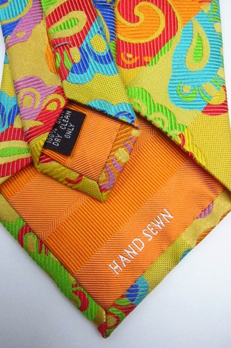 Stunning Lawrence Ivey Hand Sewn Yellow With Huge Colorful Paisley Long Silk Tie - Picture 4 of 5