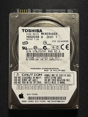 Toshiba 80gb 2.5'' Sata HDD MK8034GSX (HDD2D38 Q ZK01 T) 010 C0/AH303B 655-1339A