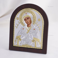 Icona Cristiana Greca Ortodossa Argento Della VERGINE MARIA Di SETTE SPADE, Icona 5,9x7"