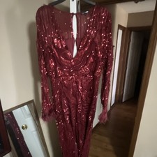 Fashion Nova Red Sequin Mesh Gown Geometric V-Neck Long Sleeve Fringe Accent L