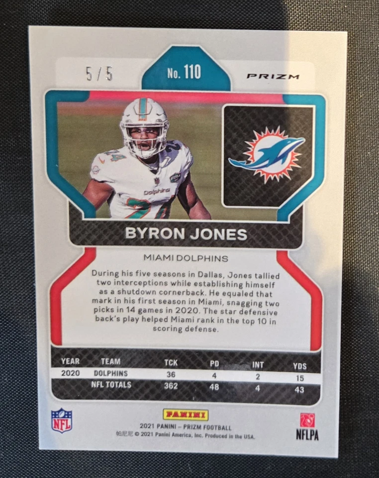 2021 Panini Prizm #110 Byron Jones Gold Vinyl #/5 - Image 2 of 2