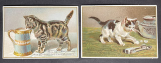VICTORIAN GREETING CARDS x 2 CATS KITTENS PLAYING WITH ICE TONGS AND MUG