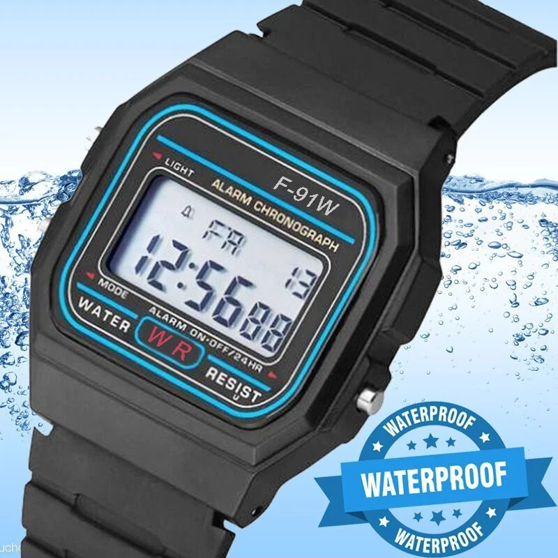 Class Digital Watch F-91W Water Splush F-91W Look with Resin Strap in Black