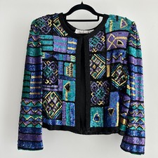 Vintage Lawrence Kazar Silk Sequin Jacket XL Disco Glam Maximalist Block Art
