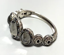 BRIGHTON Silver Tone Smokey Squartz Hinged Cuff Bangle Bracelet-Chunky!