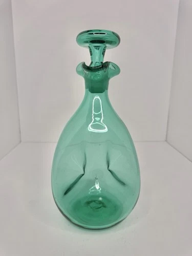 Vintage MCM Blenko Glass 49 Pinched Decanter In Sea Green W/stopper