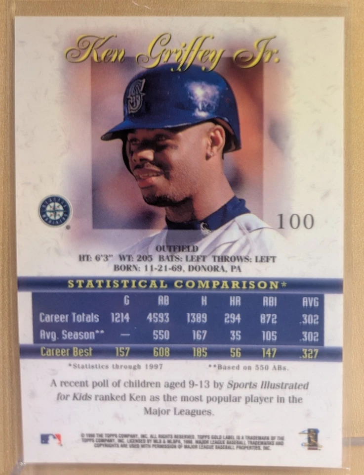 1998 Topps Gold Label CLASS 3 #100 Ken Griffey Jr. Refractor RARE PARALLEL - Image 2 of 2