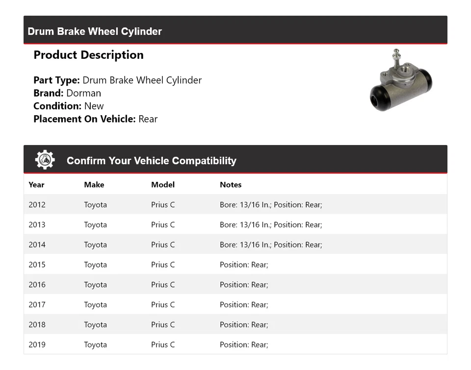 For 2012-2019 Toyota Prius C Dorman Drum Brake Wheel Cylinder Rear 2013 2014 - Image 2 of 4