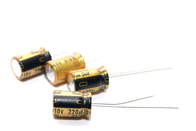 4x Nichicon Fine Gold Elko High-End Kondensator, 220 µF / 10 V, Capacitor, NOS