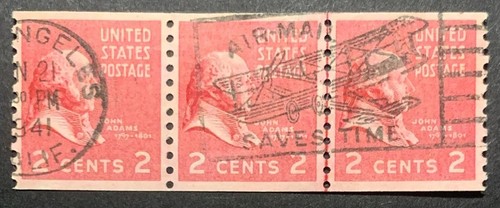 841 PREXIE COIL STRIP w LINE PAIR - 1941 CALIFORNIA AIR MAIL SLOGAN CANCEL !!