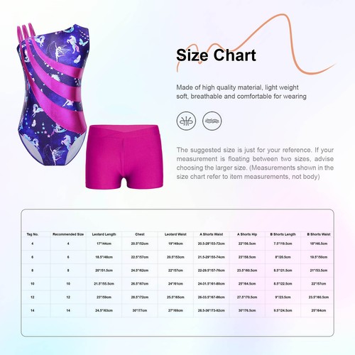 Kids Girls Dance Set Stylish Sports Suit Printed Leotard With Shorts Shiny - Picture 51 of 82