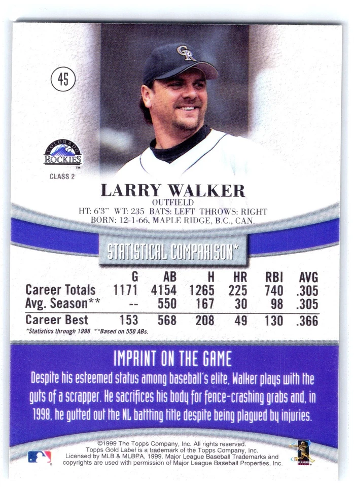 LARRY WALKER 1999 Topps Gold Label Class 2 HOF Colorado Rockies Baseball #45 - Image 2 of 2