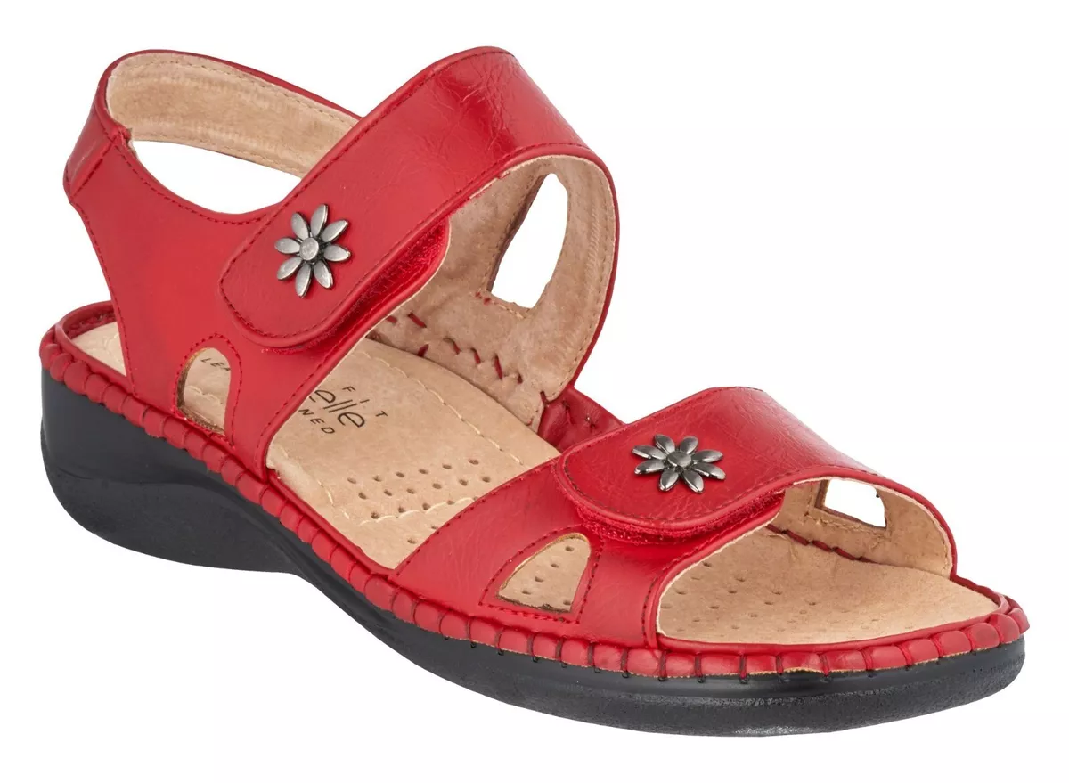 Womens Flat Wedge Heel Wide Fit Touch Close Mules Ladies RED
