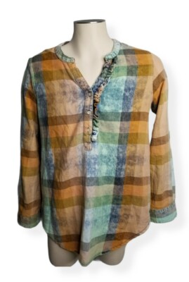 ISABELLE SINCLAIR Size M DENIM Shirt BLEACHED Ruffle V-NECK Long Sleeve PLAID