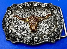Western Bull Skull Texas Long Horns Rodeo Cow Silver  Brown Color Belt Buckle