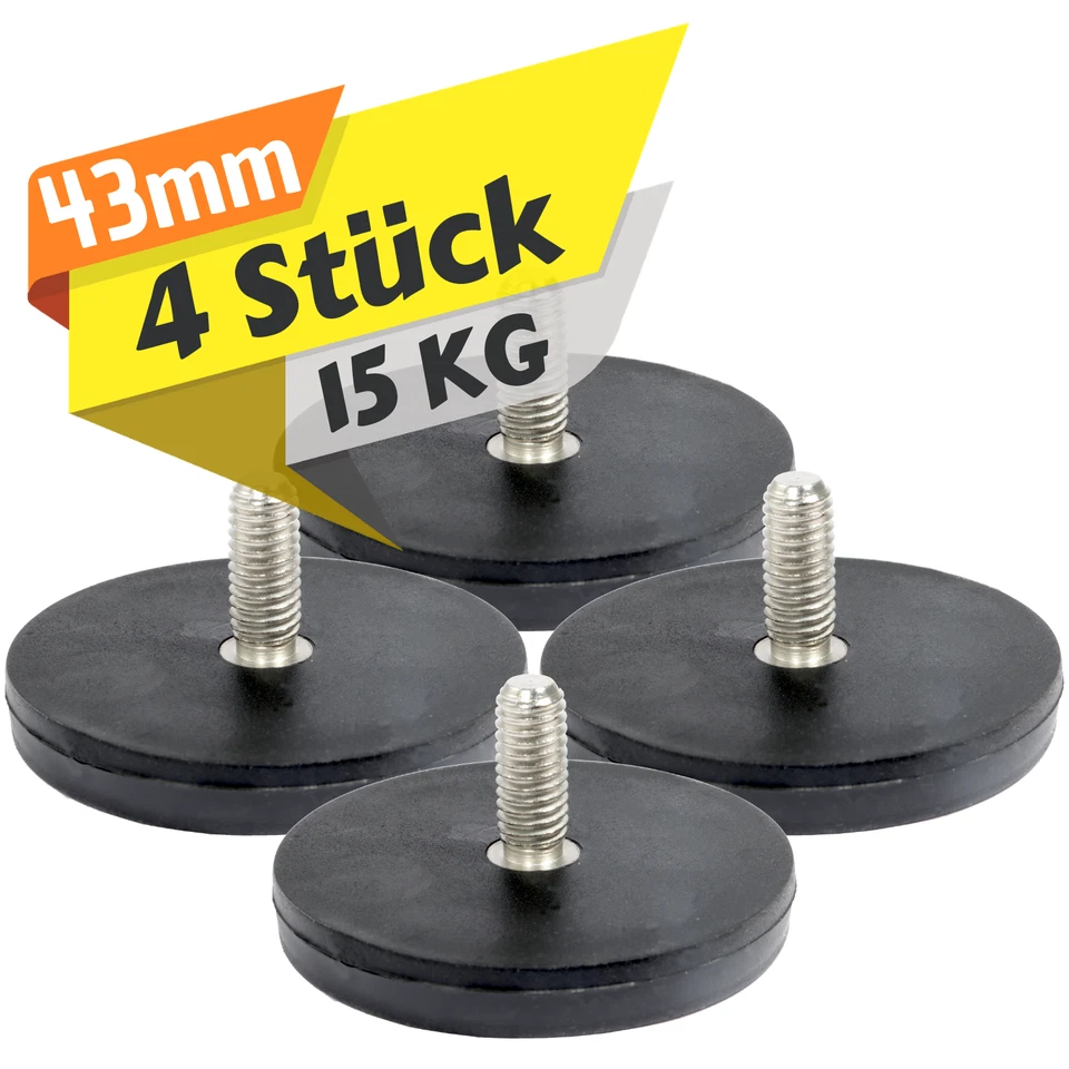 MVT MAGNETE Neodym Magnet Gummiert 43 mm Gummi Magnete 15 KG M6 Außgengewinde Scheibe Rund
