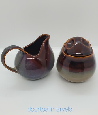 Mid Century Modern Creamer & Sugar Glazed Ceramic Gradient Browns Set of 2