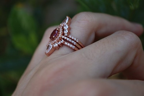 Exquisite Pear Cut Lab Created Ruby Rose Gold Plated on Silver Art Deco Ring Set - Picture 6 of 7