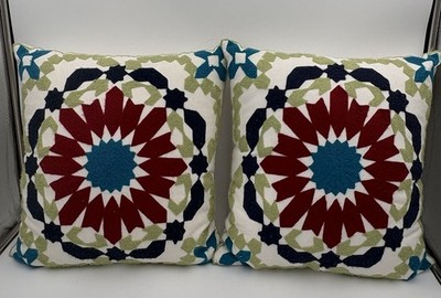 Set 2 Boho Embroidered Throw Pillows 16x16 Geometric Floral Zip Cover W/ Inserts