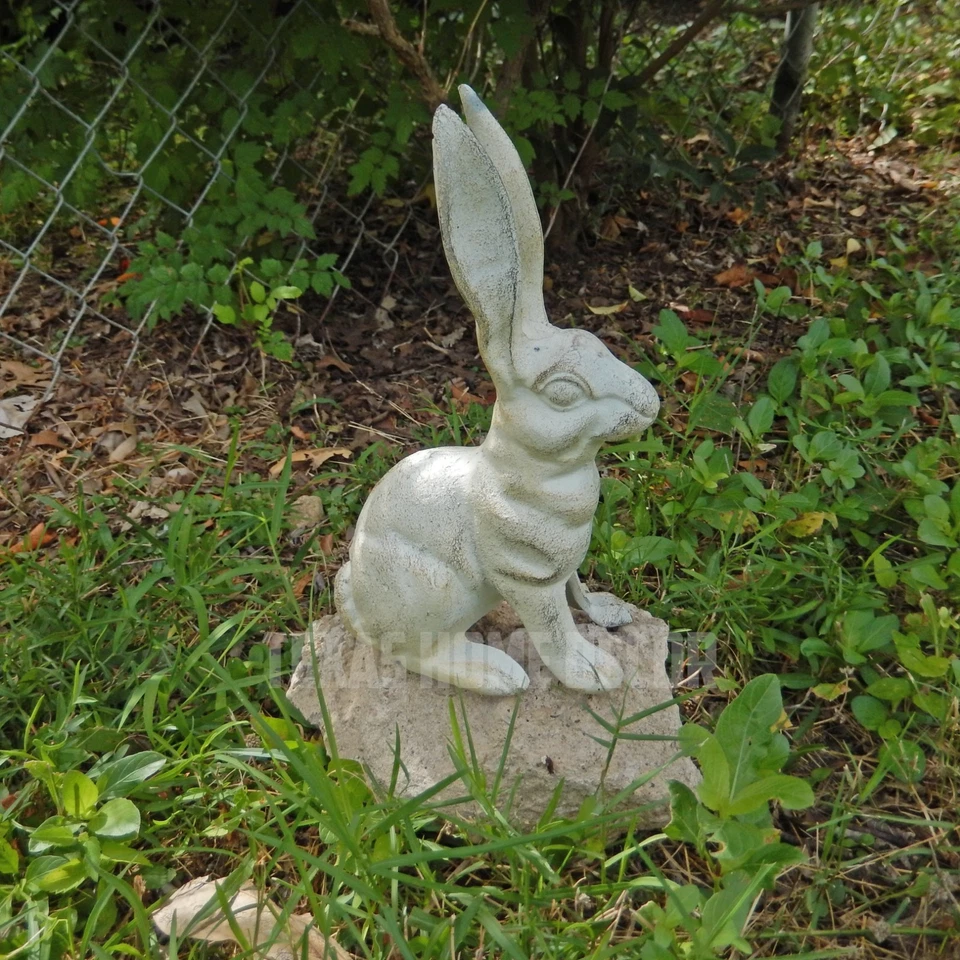 Estatuilla de conejo grande estatua de jardín de hierro fundido de alta resistencia blanca antigua 10,5 pulgadas Foto 4 de 4