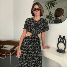 Who What Wear Collection Floral Plisse Maxi Dress Black Green Cut Out Small