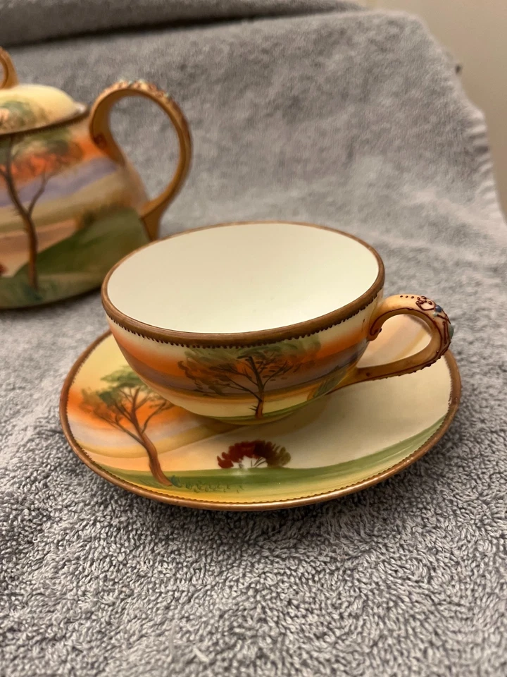 Vintage Nippon Noritake Tree In The Meadow Tea Pot Cup Saucer Sugar Bowl - Image 3 of 4