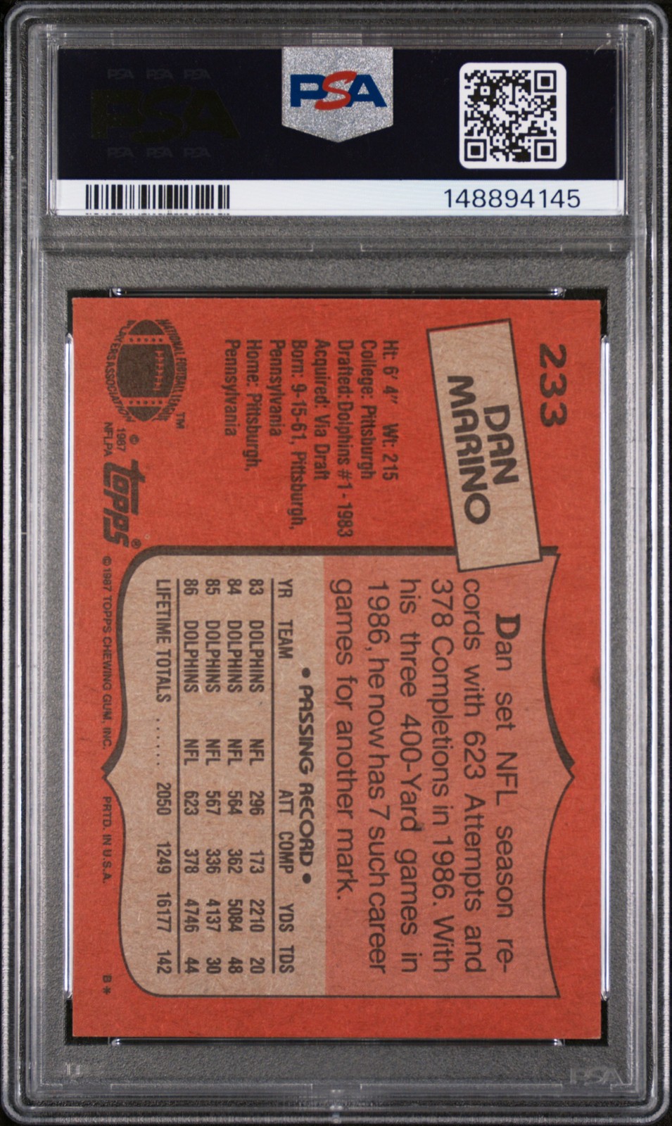 1987 TOPPS #233 DAN MARINO PSA 8 view 2