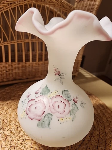 Vintage Fenton hand painted  vase signed by the artist C. Griffettis  8” Tall