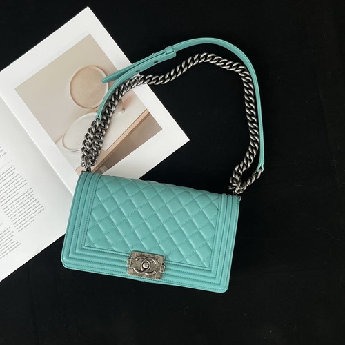 Authentic Chanel Boy Medium Flap Bag Tiffany Blue Lambskin Silver Hardware