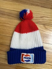 Vintage Pepsi Cola Knit Beanie Hat Pom Pom Red White and Blue