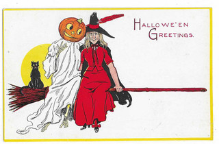 Gibson Art Co. Halloween Postcard Ghost JOL Witch Cat Sitting on broom
