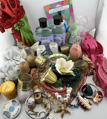 Grandmas Vtg Now Junk Drawer Estate Lot 50+ Jewelry Pink Dish Candles Spools ++