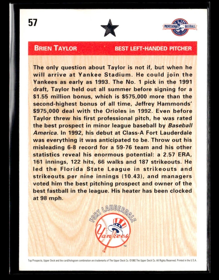 1992 Upper Deck Minor League Brien Taylor #57 - Image 2 of 2