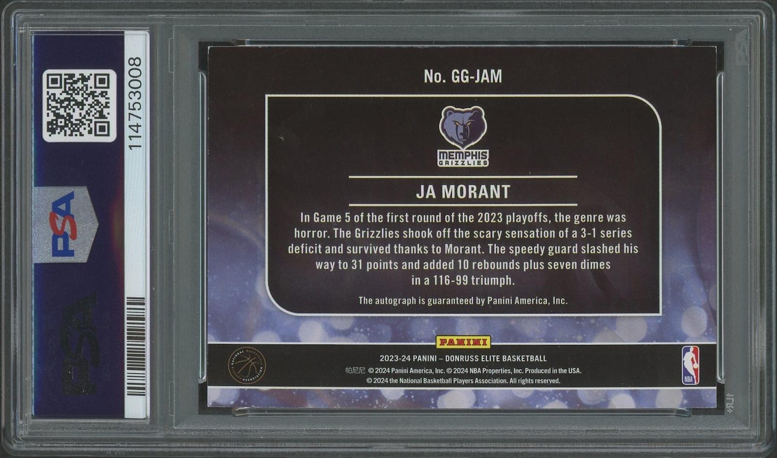 2023/24 Panini Elite #GGJAM Ja Morant Red Genregraphs Auto #19/25 PSA 7 (NM) view 2