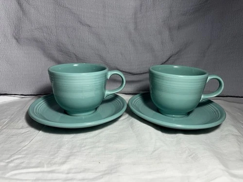 Fiestaware Sea Mist Green Set of 2 Cups and Saucers Homer Laughlin USA Vintage