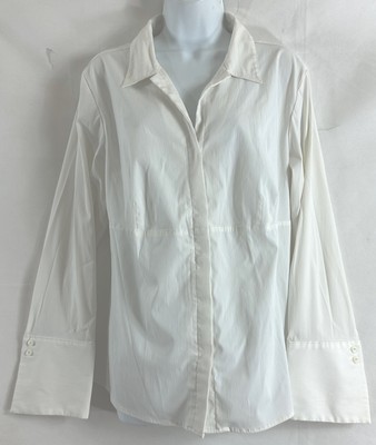 VENEZIA JEANS Sz 14/16 White Button Empire Blouse Stretch Long Cuff Sleeve VNeck