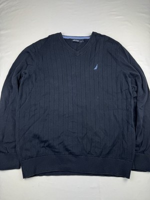 NAUTICA Men's Navy Blue Sweater L V Neck Long Sleeve Logo Textured Knit