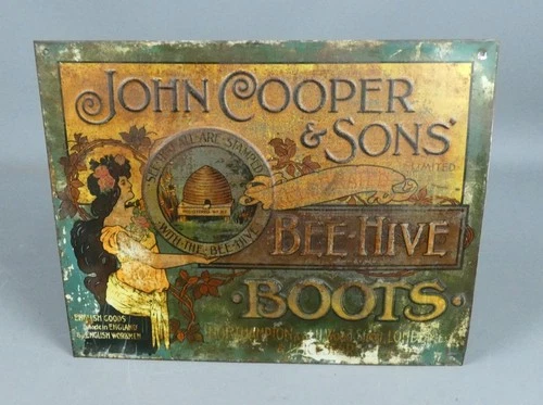 Vintage John Cooper & Sons Bee-Hive Boots Embossed Tin Advertising Sign c1900