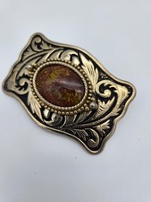 Vintage Western Belt Buckle   Silver Tone with Red Stone  Silver Tone Beading
