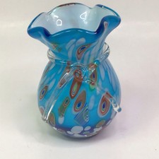 Vintage Blown Lavorazione Art Murano Blue Glass Ruffled Millefiori Vase 5.5  